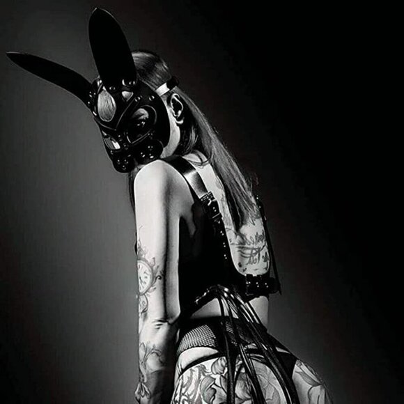 𝅺BLACK Leather Fetish Masquerade Face Mask Slave Bondage BDSM Costume Cosplay - Picture 4 of 5